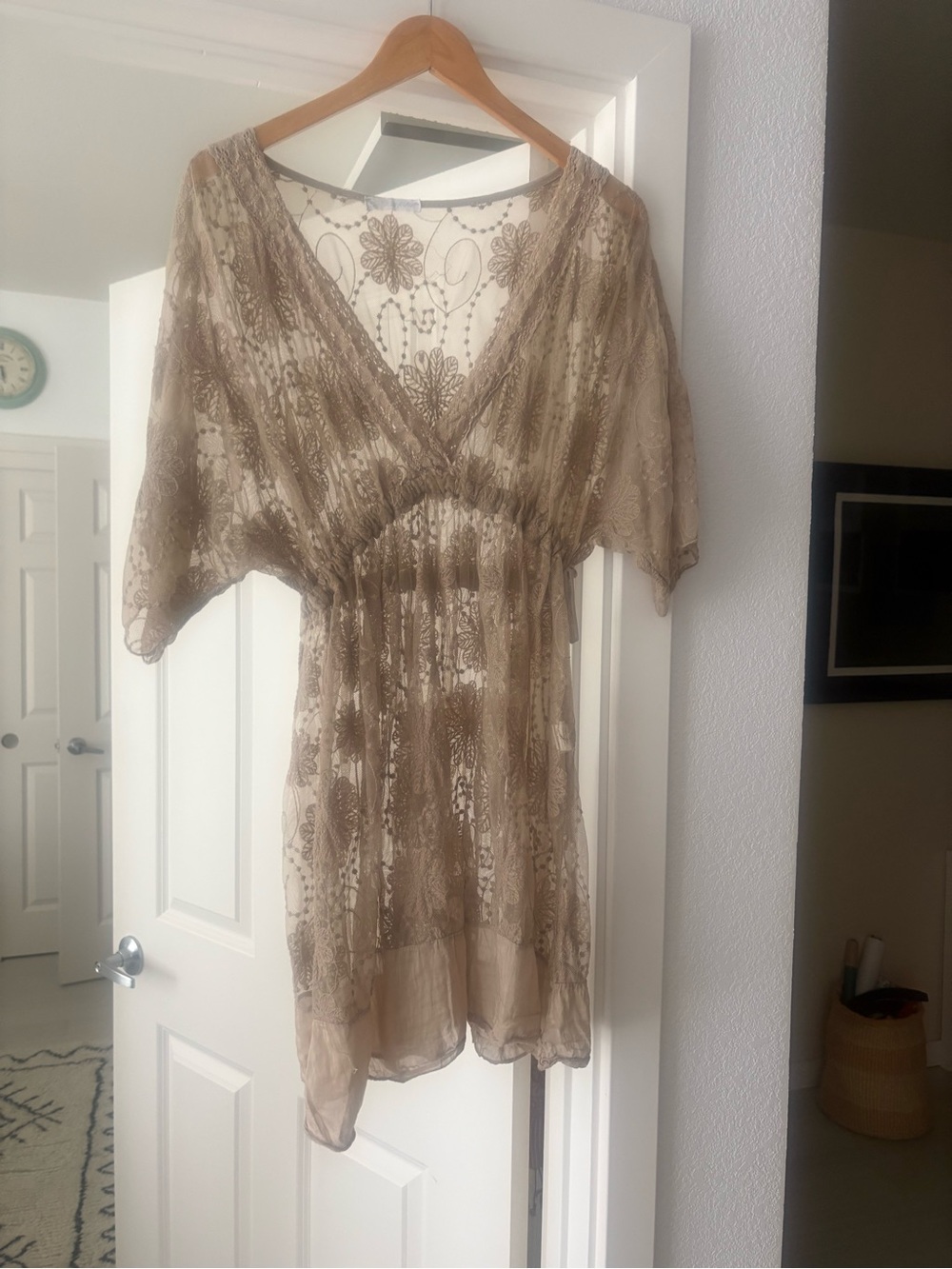 Sheer Embroidered V-Neck Tunic Dress in Taupe made in Italy